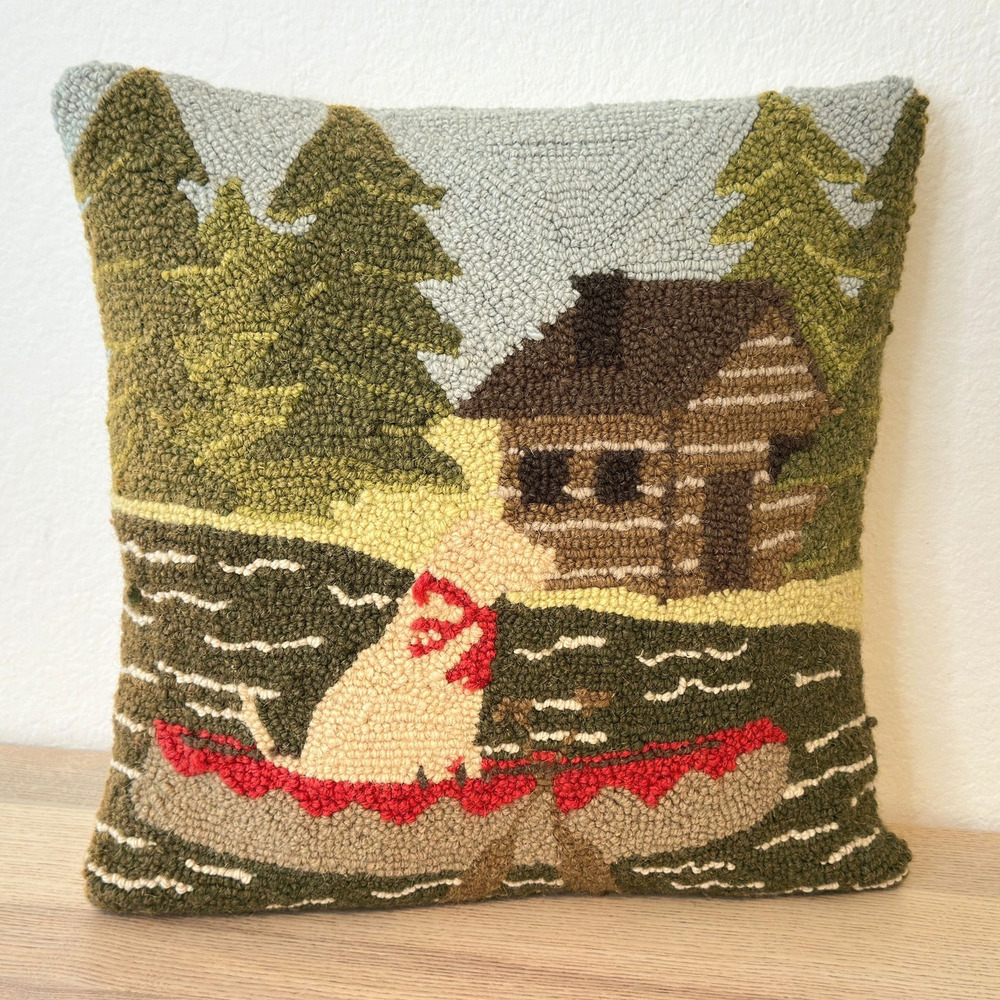 Hooked Wool Throw Pillow 14x14 Dog Canoe Lake House Cabin Trees Forest Classic